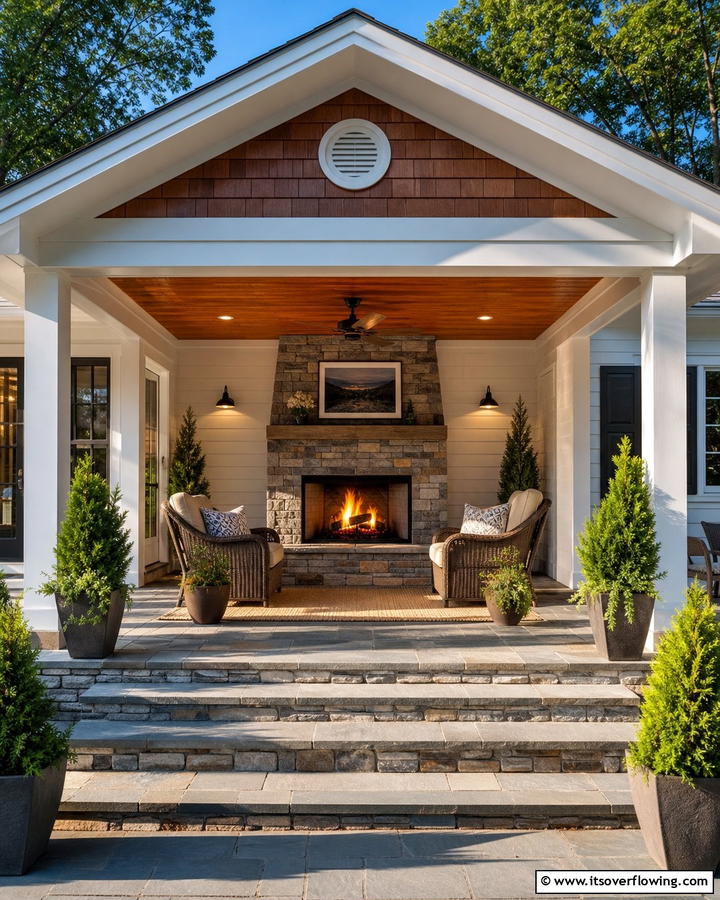 Porch with Outdoor Fireplace - 20 Raised Ranch Front Porch Ideas for Curb Appeal