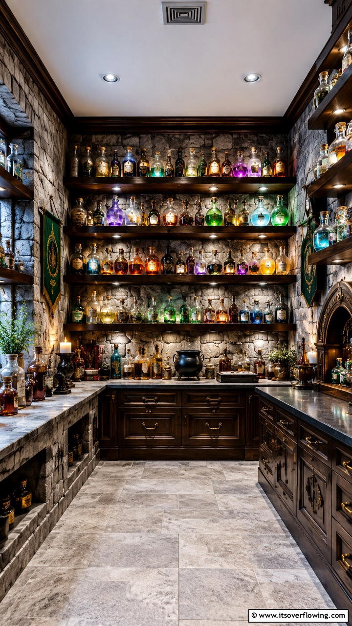 Potion Bottle Shelves - 30 Harry Potter Decor Ideas- Magical Themed Room Designs