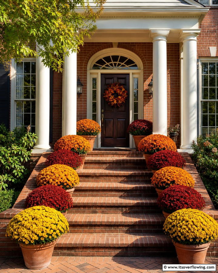 Potted Mums in Vibrant Colors - 25 Front Door Fall Decor Ideas for a Welcoming Entrance