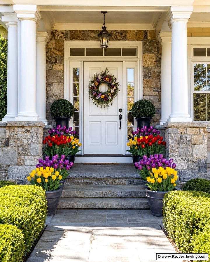 Potted Tulips in Vibrant Colors - 20 Spring Front Door Decor Ideas to Welcome the Season