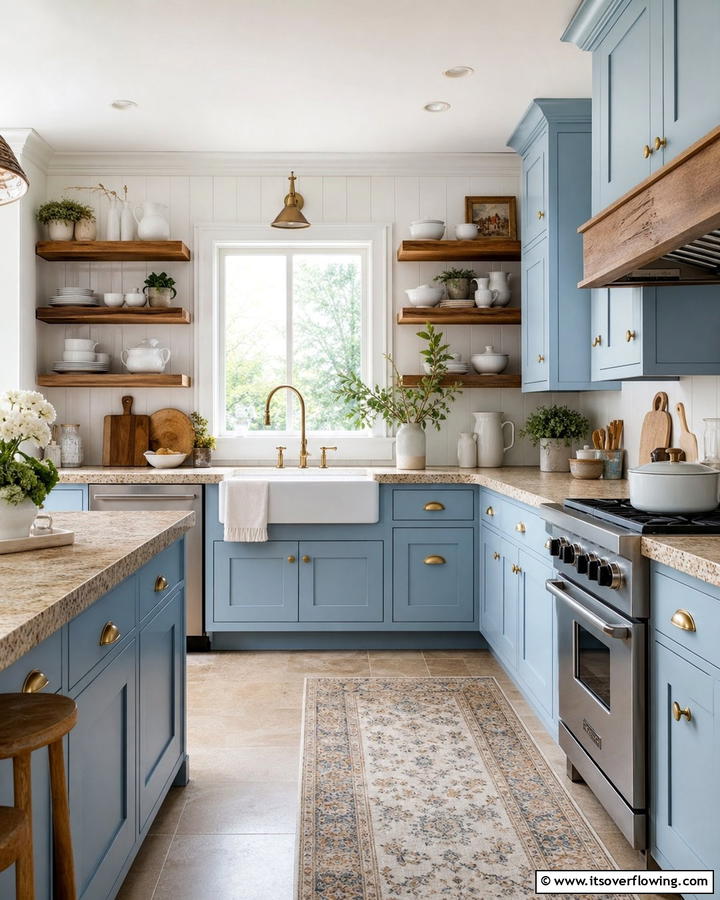 Powder Blue Cabinets with Beige Toned Brown Granite - 20 Blue Kitchen Cabinets With Brown Granite Countertops