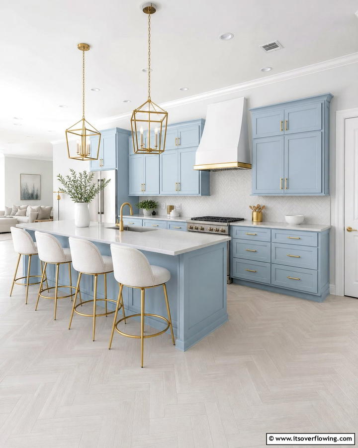 Powder Blue Cabinets with Polished Gold Handles - 25 Blue Kitchen Cabinets With Gold Hardware for a Luxe Look