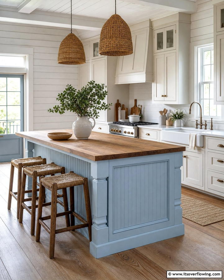 Powder Blue Island with Beadboard Detailing - 25 Blue Kitchen Island Ideas for a Fresh Look