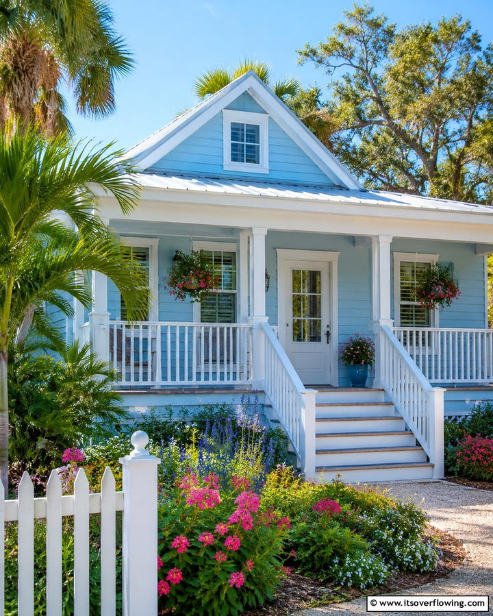Powder Blue with White Details - 30 Serene Blue Exterior House Paint Ideas for Curb Appeal