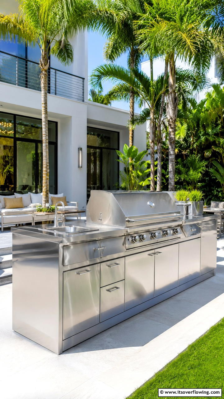 Premium Stainless Steel Finish - 30 BBQ Island Ideas for Ultimate Outdoor Entertaining