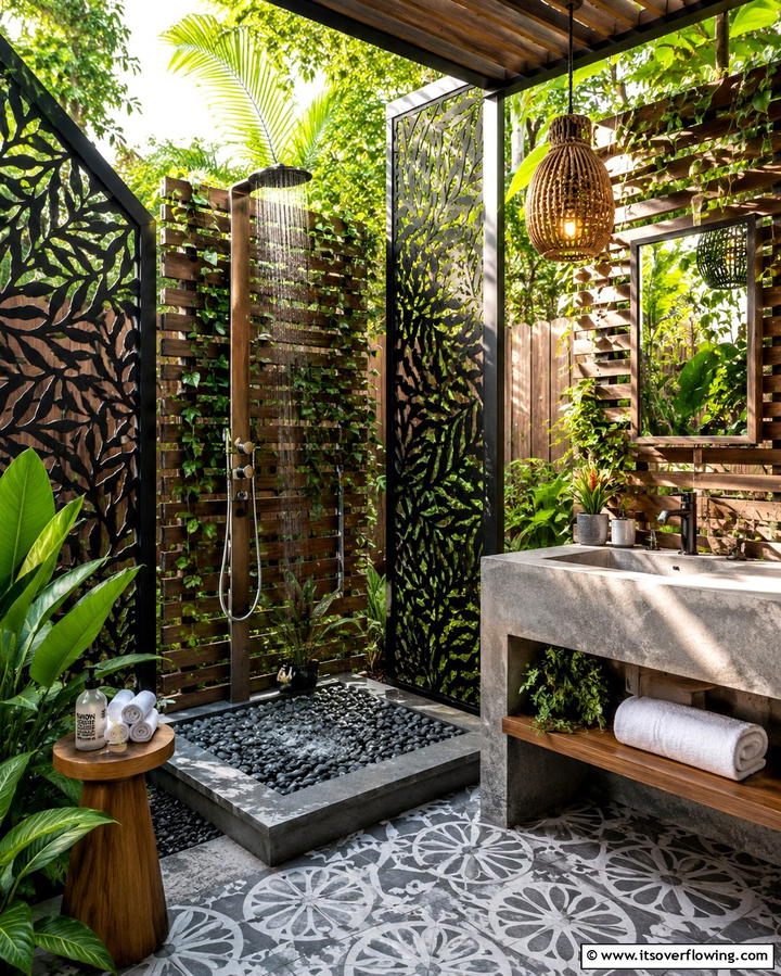 Privacy Screen Haven - 30 Outdoor Bathroom Ideas for a Luxurious Backyard Oasis