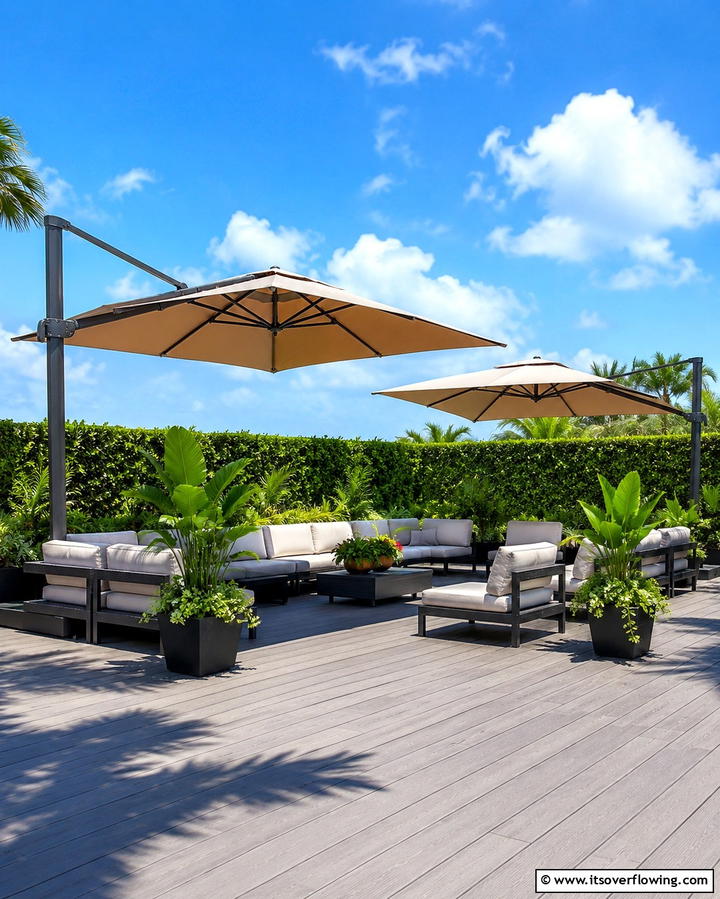 Privacy Umbrella Setup - 30 Private Deck Ideas for Secluded Outdoor Relaxation Zones