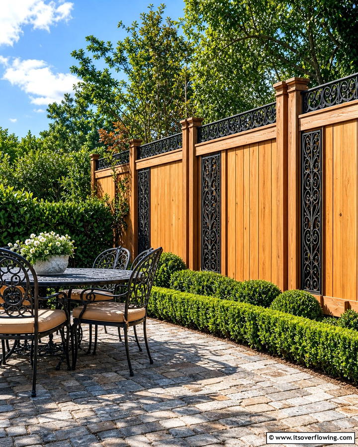 Privacy and Elegance with Solid Wood and Wrought Iron Accents - 25 Metal and Wood Fence Ideas for Durable Boundaries
