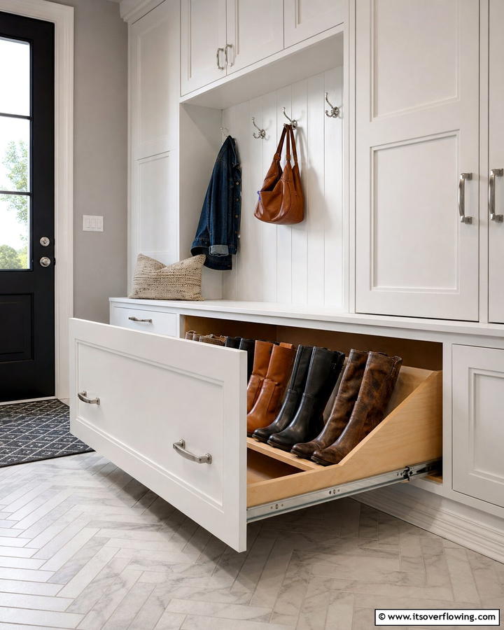 Pull Out Boot Drawer in Cabinets - 25 Creative Boot Storage Ideas for Organized Homes