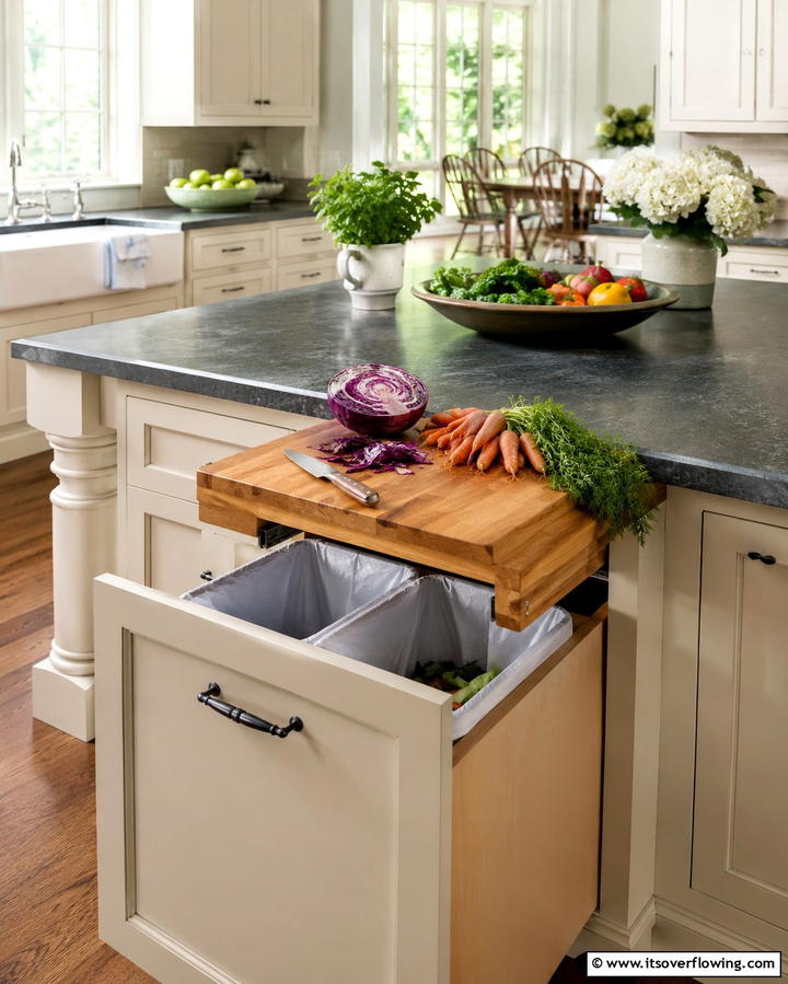 Pull Out Cutting Board with Waste Bin - 25 Smart Kitchen Island Storage Ideas for Organized Kitchens