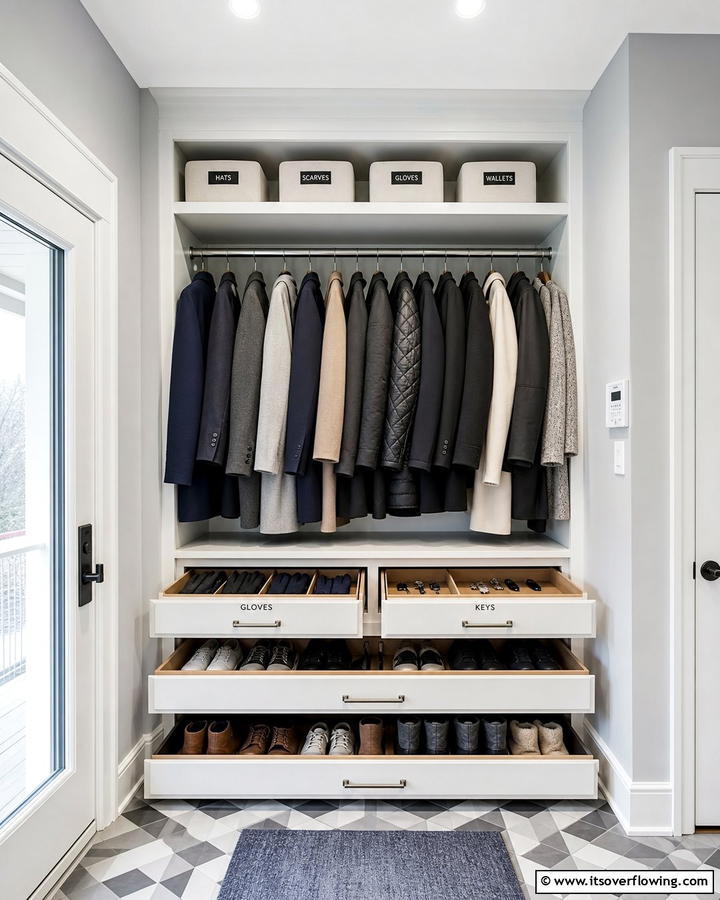 Pull Out Drawers for Hidden Organization - 20 Coat Closet Ideas for Organized Entryways