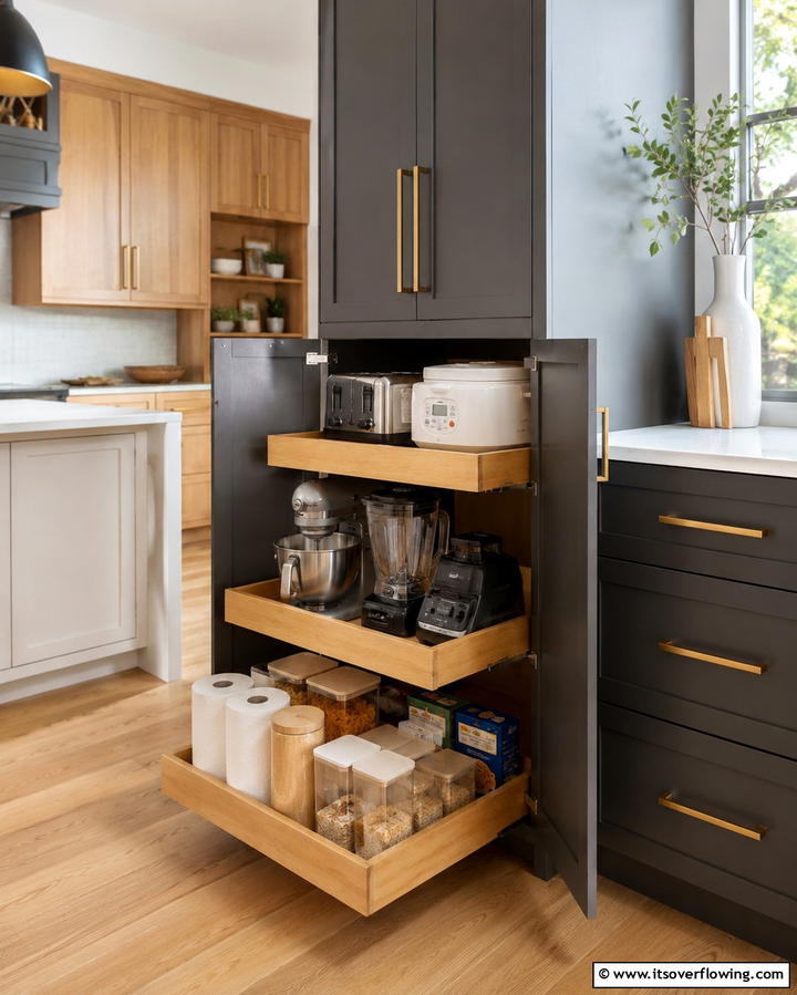 Pull Out Drawers for Hidden Storage - 25 Small Pantry Ideas to Maximize Your Storage Space