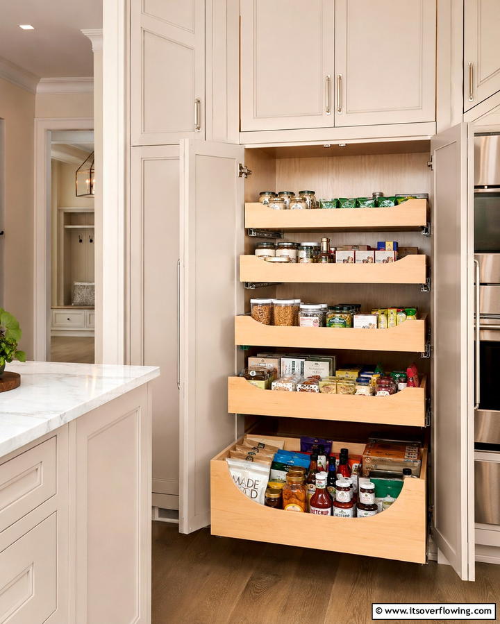 Pull Out Drawers for Hidden Storage - 25 Open Pantry Ideas to Organize Your Kitchen