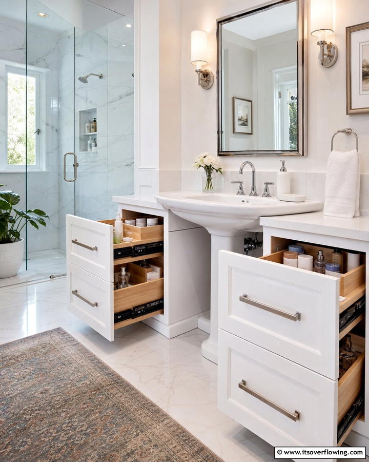Pull Out Drawers in Custom Cabinets - 20 Pedestal Sink Storage Ideas for Organized Bathrooms