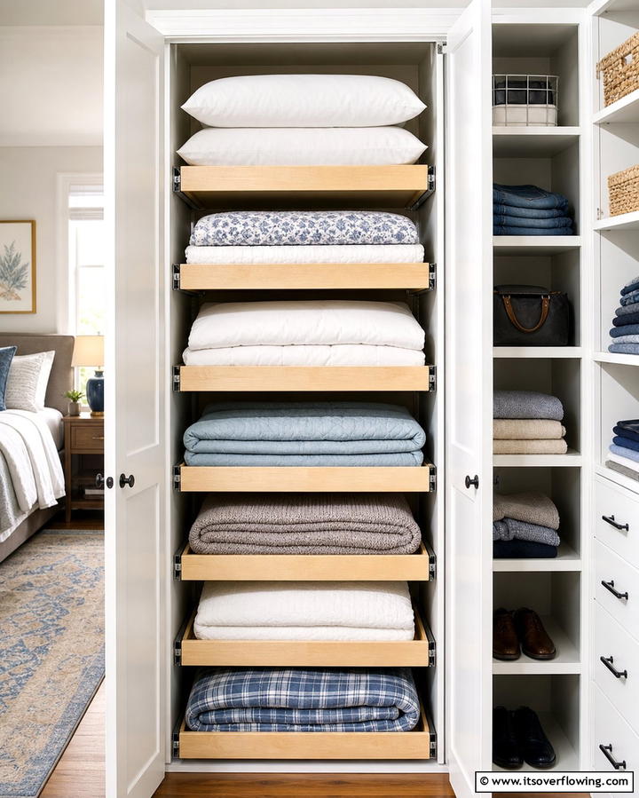Pull Out Shelves - 25 Creative Bedding Storage Ideas for Small Spaces