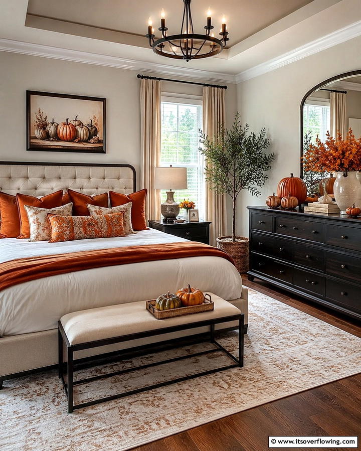 Pumpkin Inspired Accents - 30 Cozy Fall Bedroom Decor Tips for Autumnal Warmth & Style