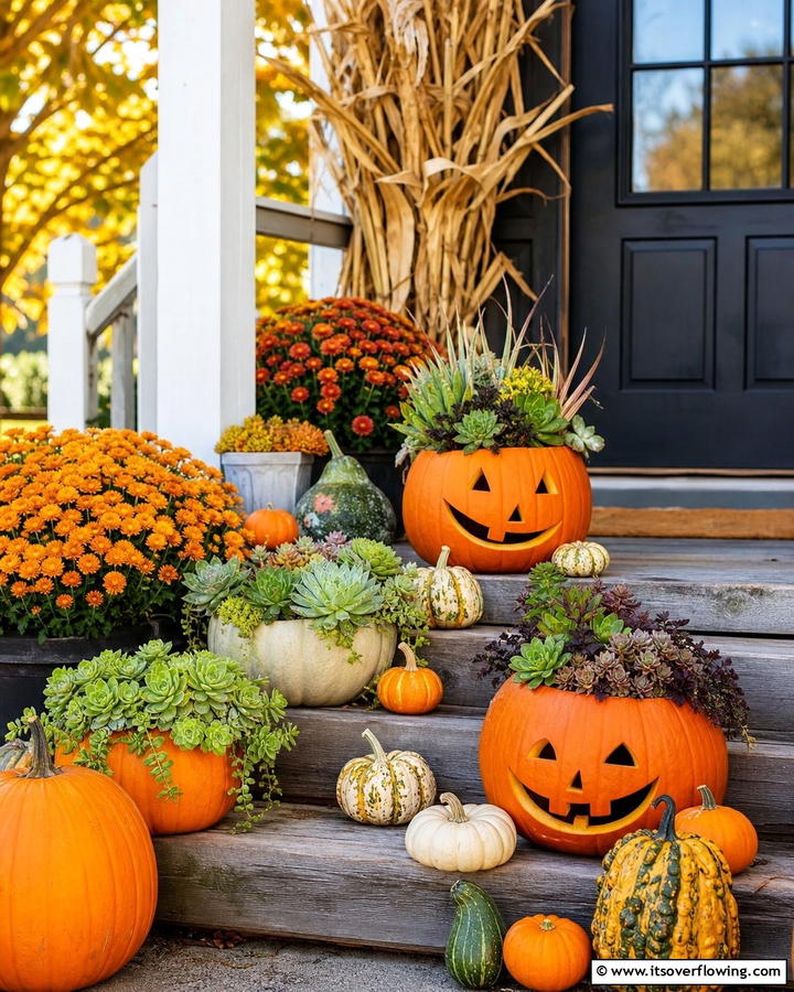 Pumpkin Planters and Gourds - 21 Fall Outdoor Decorating Ideas for a Cozy Vibe
