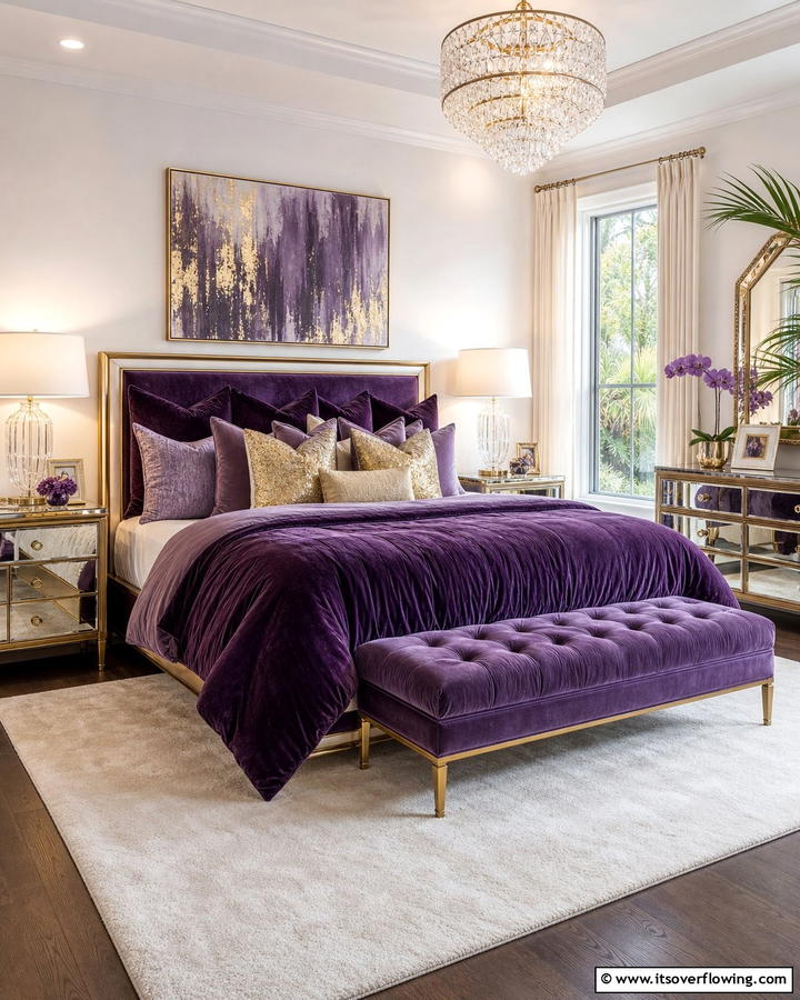 Purple Bedding with Metallic Accents - 17 Purple Bedroom Ideas for Dreamy and Creative Spaces