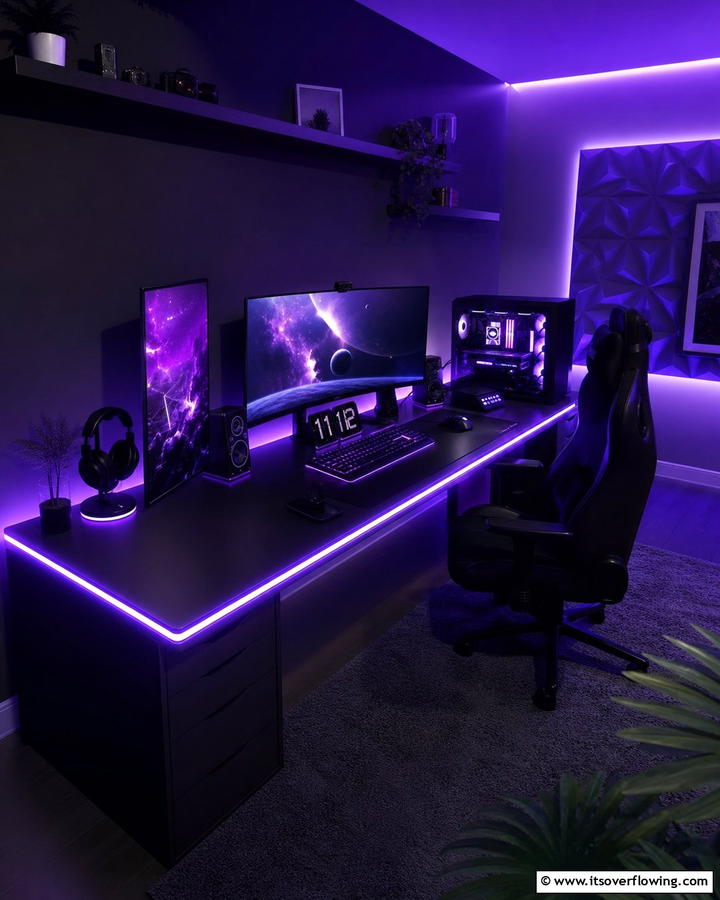 Purple LED Strip Lights for Desk Edges - 20 Purple Gaming Setup Ideas for a Vibrant Space