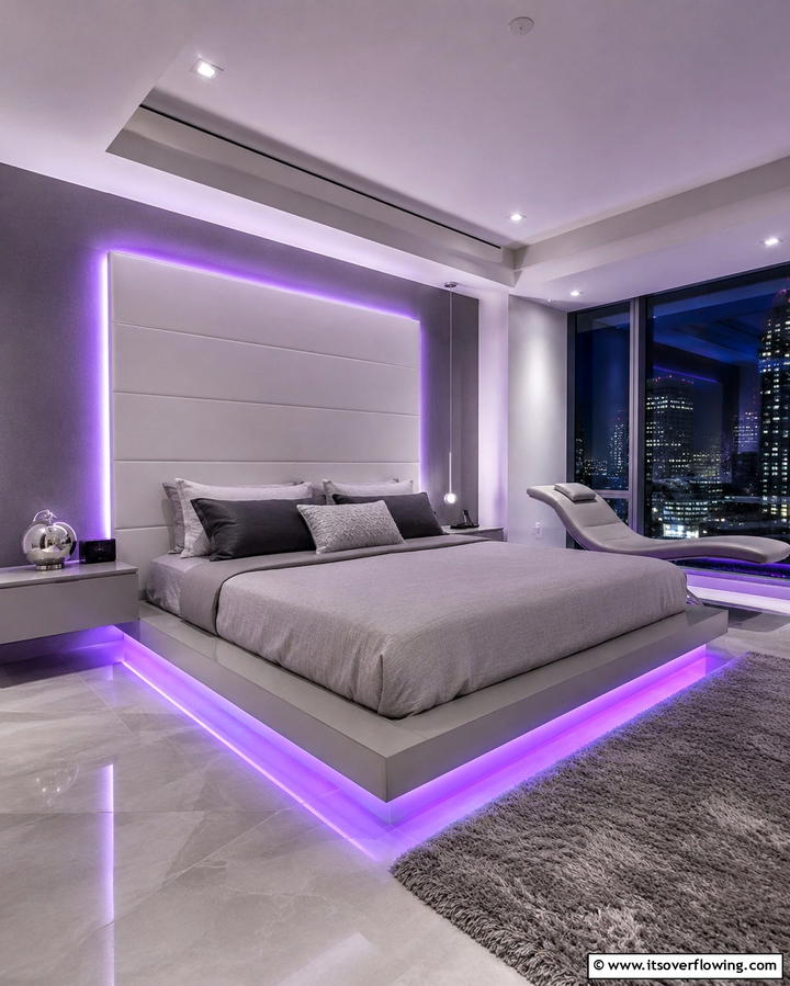Purple Lighting Accents - 30 Dark Purple Bedroom Ideas for Dramatic Luxury Spaces