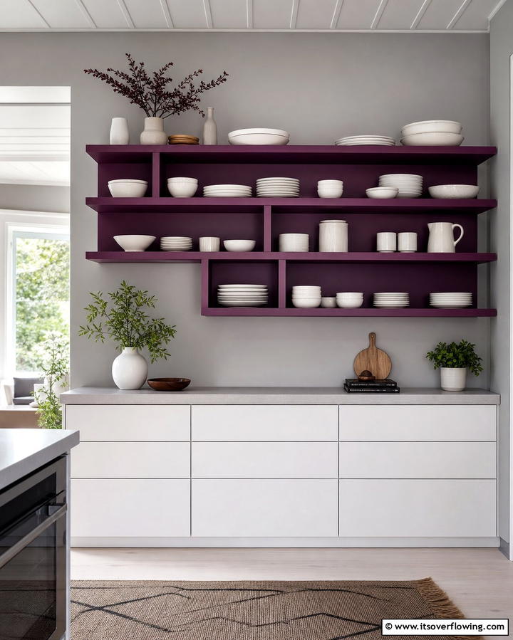 Purple Open Shelving - 25 Purple Kitchen Ideas for a Bold and Stylish Look