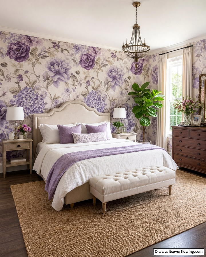 Purple Wallpaper with Floral Patterns - 17 Purple Bedroom Ideas for Dreamy and Creative Spaces