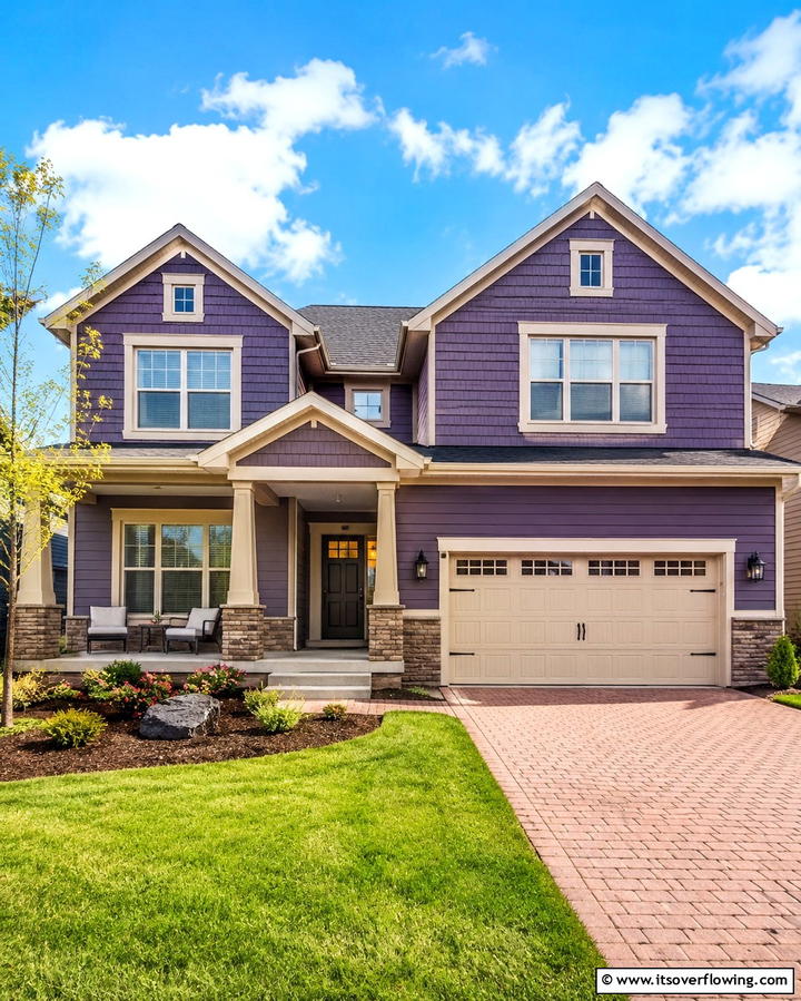 Purple and Beige Balance - 25 Purple House Exterior Ideas for a Unique Curb Appeal