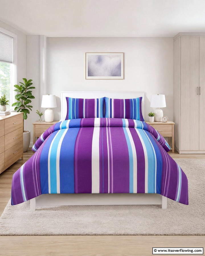 Purple and Blue Striped Bedding - 20 Blue and Purple Bedroom Ideas- Vibrant & Cozy Designs