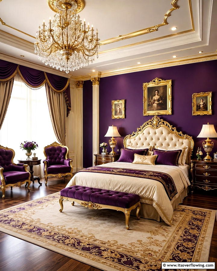 Purple and Gold Accents for a Regal Feel - 30 Dark Purple Bedroom Ideas for Dramatic Luxury Spaces