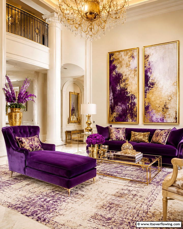 Purple and Gold Accents for a Regal Look - 25 Purple Living Room Ideas for a Stylish Home Makeover