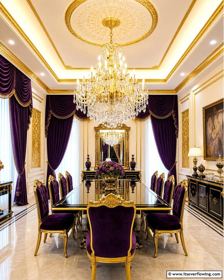 Purple and Gold Chandeliers - 25 Purple Dining Room Ideas for a Luxurious Ambiance