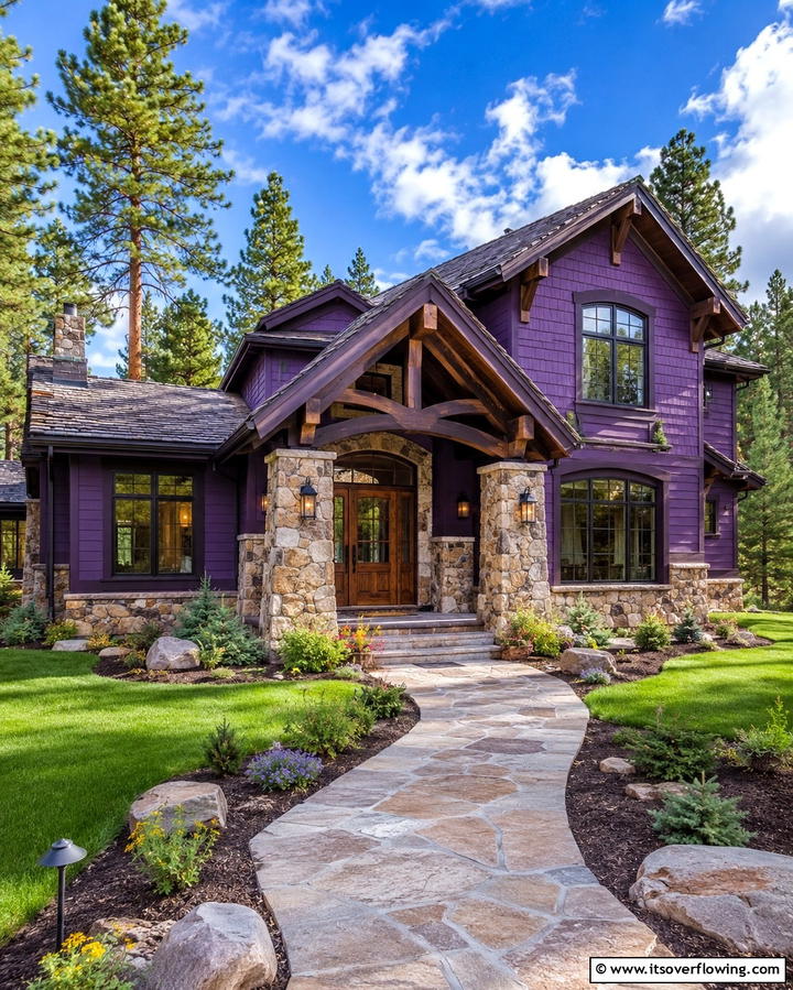 Purple and Natural Stone Pairing - 25 Purple House Exterior Ideas for a Unique Curb Appeal
