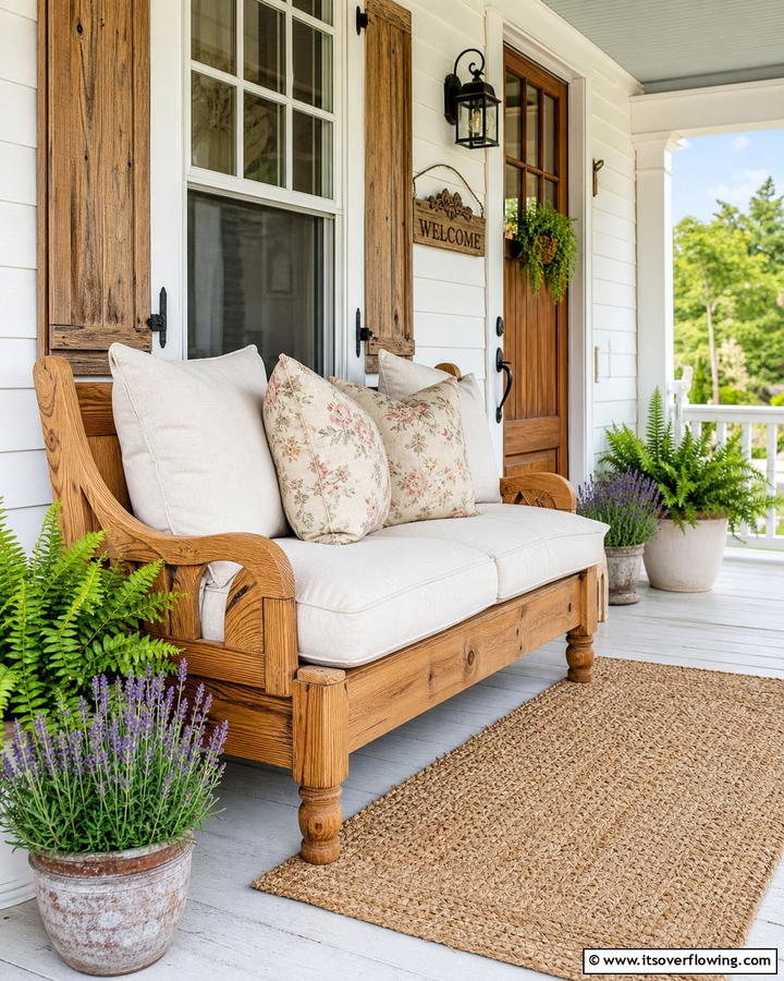 Quaint Wooden Bench with Cushions - 30 Rustic Front Porch Ideas for a Welcoming Entryway