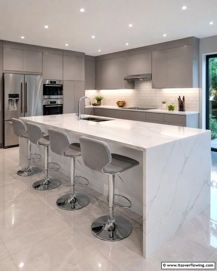 Quartz Waterfall Island with a Modern Edge - 20 Stunning Waterfall Kitchen Island Ideas for a Modern Look
