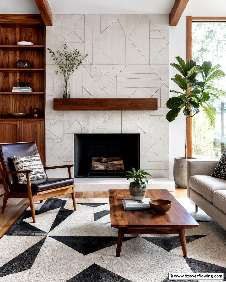 Quartz with Geometric Patterns - 25 Quartz Fireplace Surround Ideas for a Sleek Look