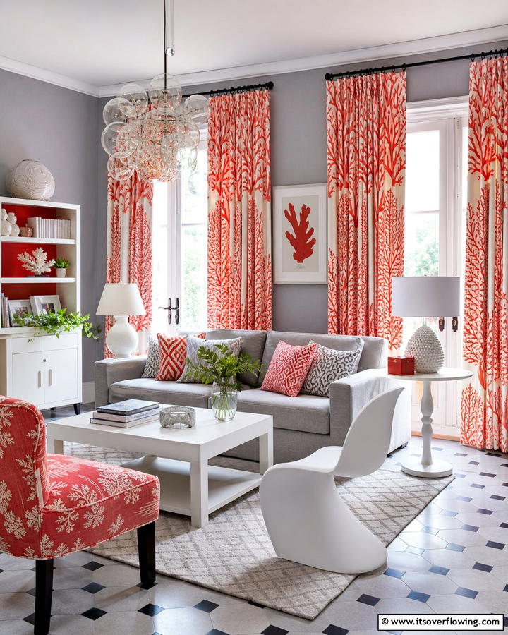 Quirky Coral Patterns - 30 Curtain Color Ideas Perfectly Paired With Gray Walls