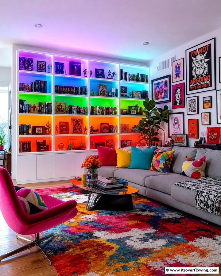 RGB Lighting for a Pop of Color - 20 Bookshelf Lighting Ideas- Illuminate Your Collection