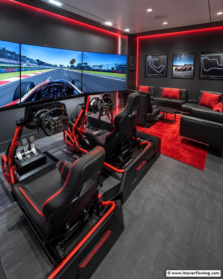 Racing Simulator Lounge - 30 Game Room Ideas for Fun Home Entertainment Spaces