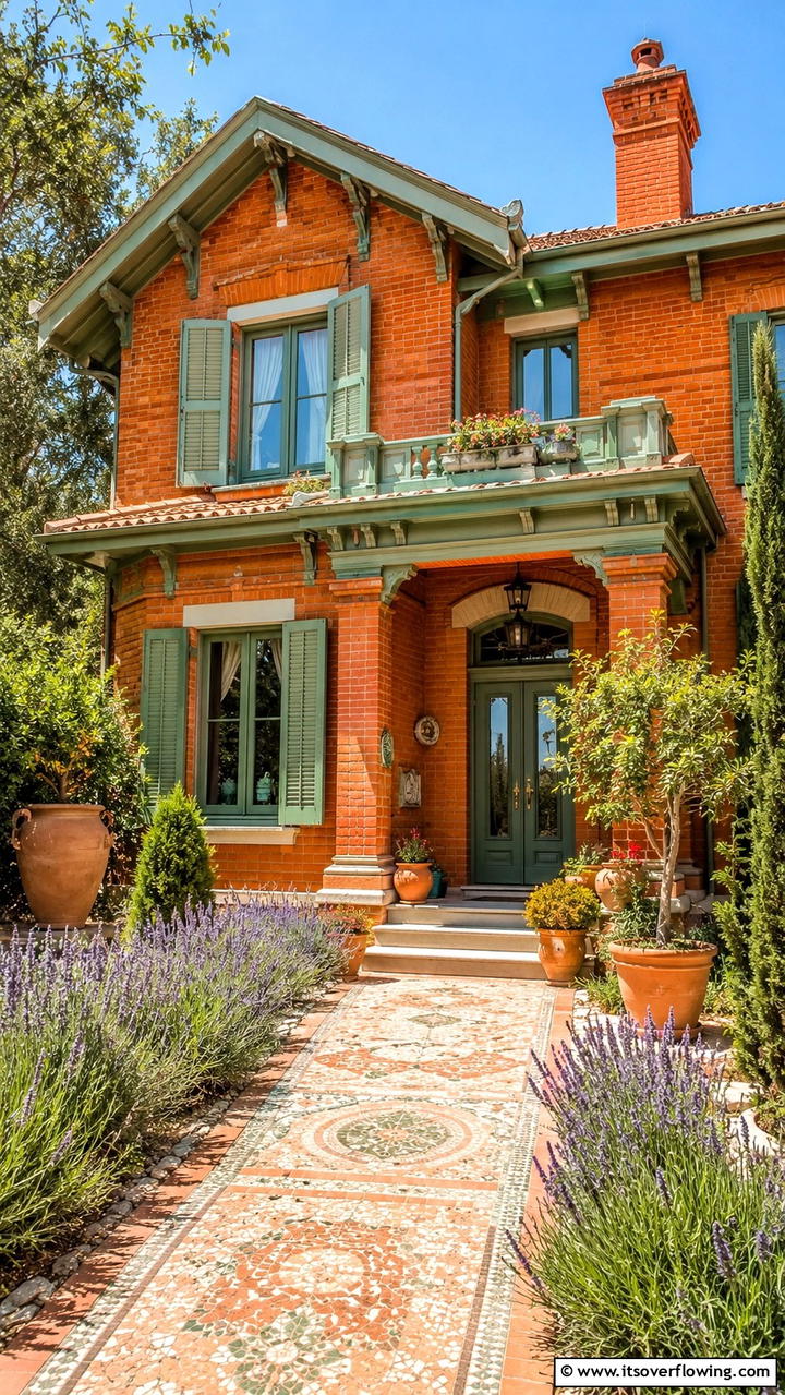 Radiant Brick Orange with Muted Sage Highlights - 30 Exterior Brick and Paint Color Combinations