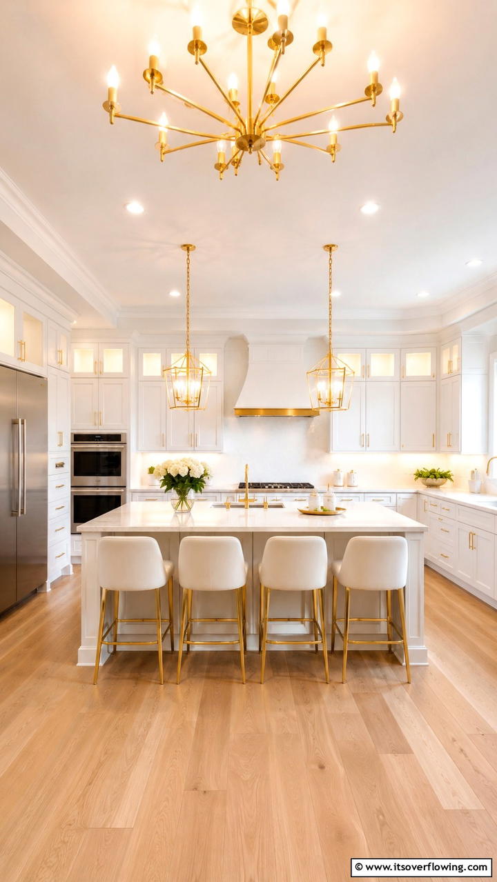 Radiant Lighting with Warm Gold Accents - 21 White and Gold Kitchen Ideas for Timeless Elegance