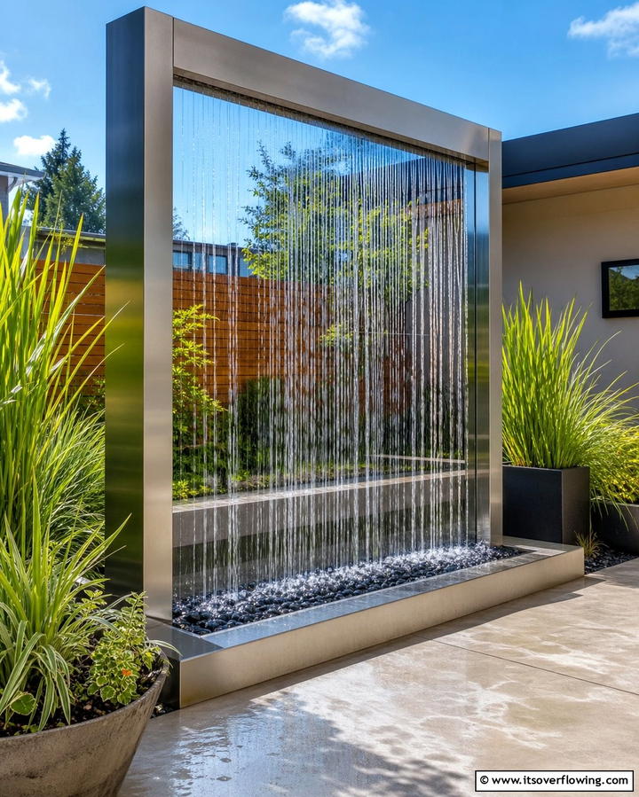 Rain Curtain Waterfall for Modern Elegance - 25 Backyard Waterfall Ideas for a Tranquil Retreat
