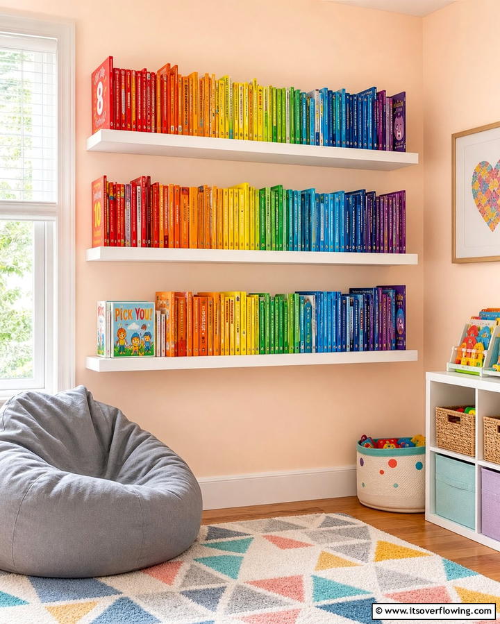 Rainbow Bookshelves - 25 Rainbow Nursery Ideas for a Colorful Baby Room