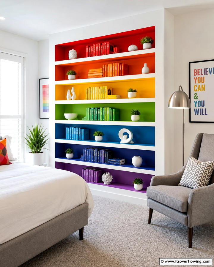 Rainbow Shelving Units - 25 Rainbow Bedroom Ideas to Brighten Up Your Space