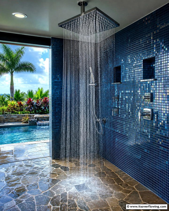 Rainfall Showerhead - 25 Pool Bathroom Ideas for a Refreshing Swim Experience