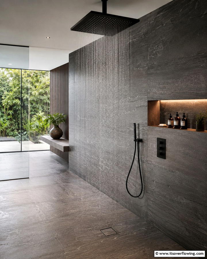Rainfall Showerhead for a Spa Experience - 25 Tropical Bathroom Ideas for a Spa-like Retreat