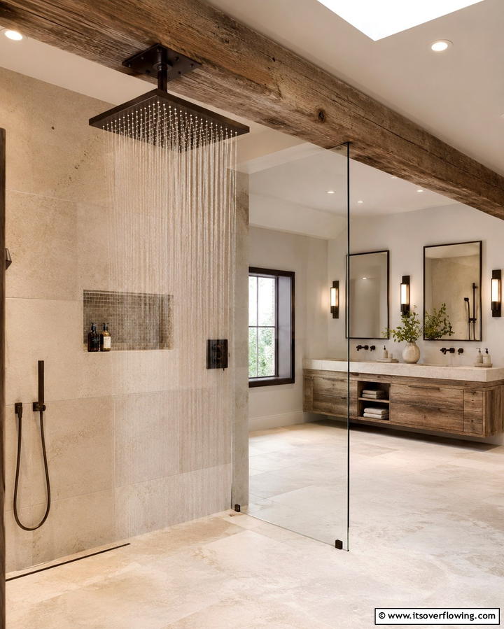 Rainfall Showerheads for a Natural Touch - 25 Rustic Walk-in Shower Ideas for a Spa-Like Bathroom