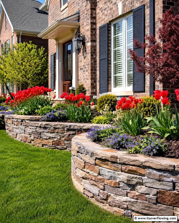 Raised Flower Beds with Stone Borders - 30 Front Yard Flower Bed Ideas for Curb Appeal Boost