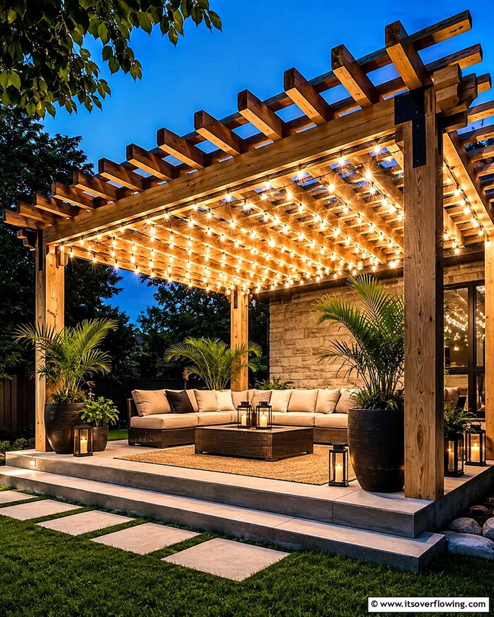 Raised Patio with Pergola and String Lights - 25 Raised Concrete Patio Ideas for a Modern Outdoor Space