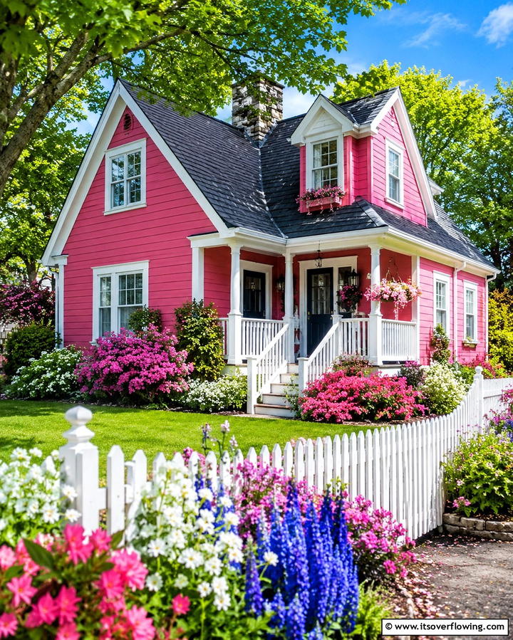 Raspberry Pink with White Picket Fence - 25 Pink House Exterior Ideas for a Charming Look