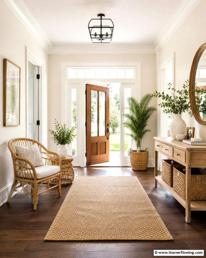 Rattan Furniture Accents - 30 Bohemian Hallway Decor Ideas for a Welcoming Entryway